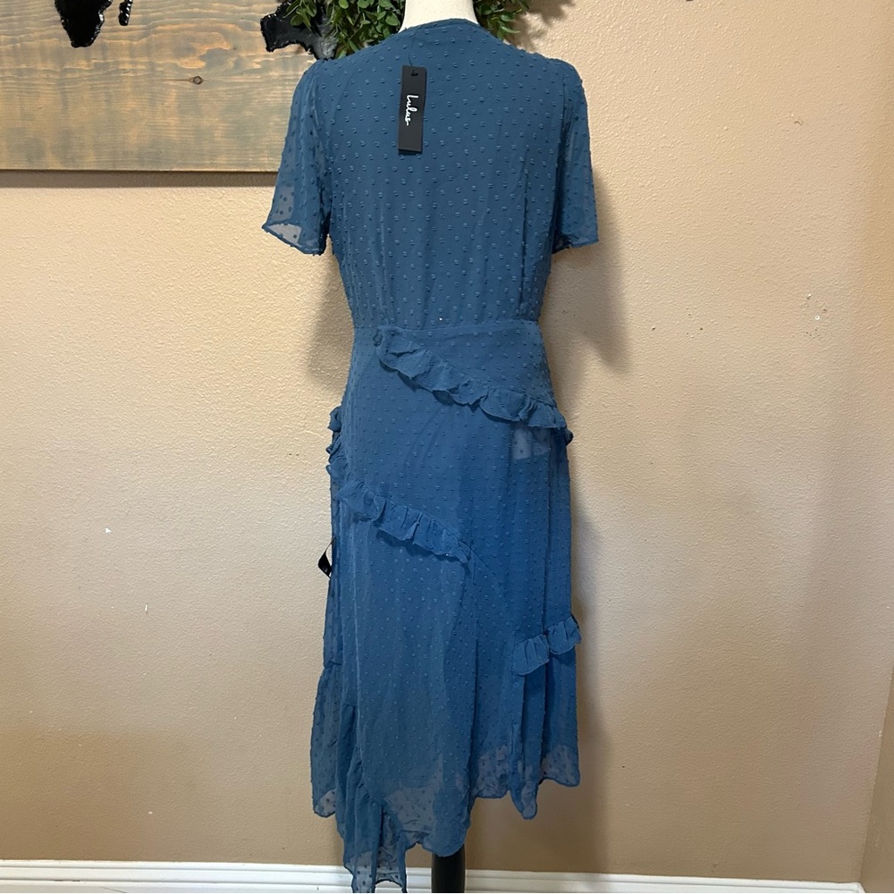 NWT Next to You Slate Blue Swiss Dot Ruffled Midi Dress - Picture 8 of 9